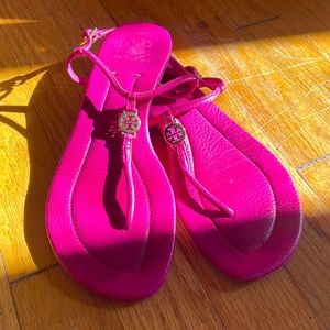 Tori Burch pink flat sandals size 9, leather with brass medallion